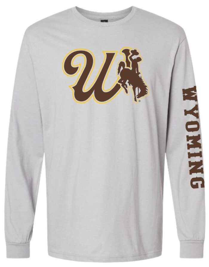 medium grey long sleeve t-shirt with design on front. Design is script W with bucking horse in brown with gold outline. on left arm wyoming in brown