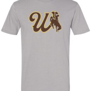 medium grey short sleeve t-shirt with design on front. Design is script W with bucking horse in brown with gold outline.
