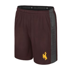 mid-length, brown, shorts with small gold bucking horse on left leg. On side of pants, mesh with brown wyoming.