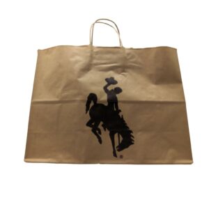 16 inches, by 4 inches, by 12 inches, kraft brown paper bag with 7-inch dark brown bucking horse on front