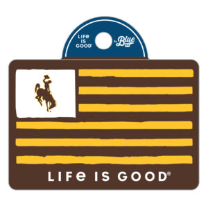 Brown rectangle decal, design is gold flag stripes, with brown bucking horse gold outline in white rectangle in upper corner, above white word life is good