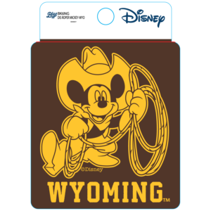 Brown decal, design is gold Disney Mickey with gold cowboy hat and rope, above gold word Wyoming