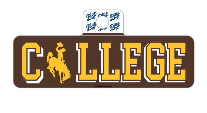 brown rectangular decal with College in large font. Font is gold with a white outline. Bucking horse in place of O in College.