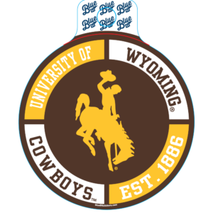 Blue 84 decal, design is alternating brown and white words university of Wyoming est. 1886 cowboys around outside in alternating white and gold background, inside is brown with gold bucking horse
