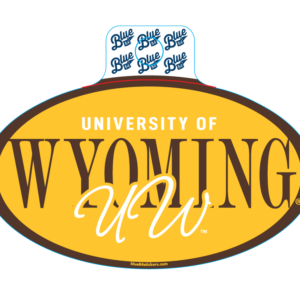 Oval sticker/decal with gold background and brown outline. In center, University of, in white, Wyoming, in brown. With script UW overlaying Wyoming.