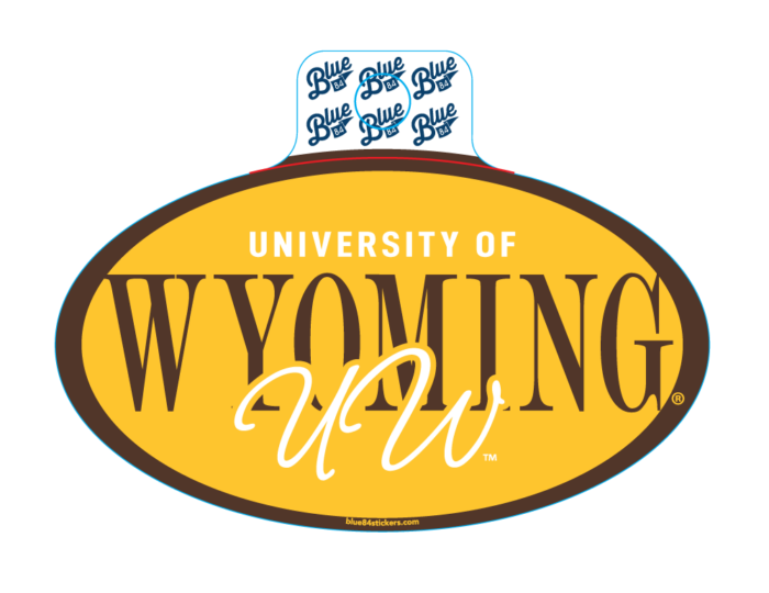 Oval sticker/decal with gold background and brown outline. In center, University of, in white, Wyoming, in brown. With script UW overlaying Wyoming.