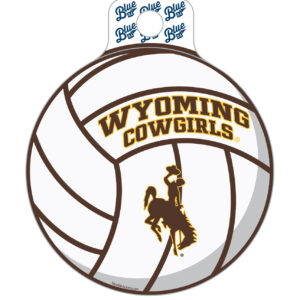Blue 84 decal, design is white volleyball with brown words Wyoming cowgirls gold outline above brown bucking horse
