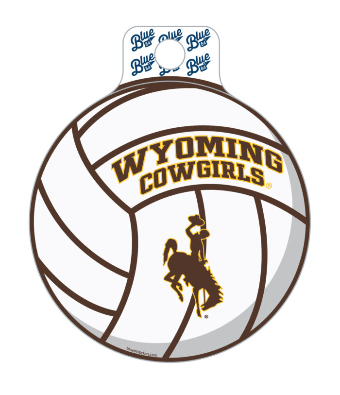 Blue 84 decal, design is white volleyball with brown words Wyoming cowgirls gold outline above brown bucking horse