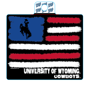 square usa themed decal. rugged paint stripes with bucking horse as star replacement. at bottom of decal, university of wyoming cowboys in white distressed font.