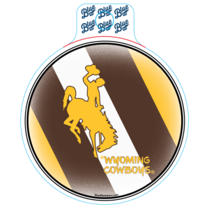 circle brown and gold stripe decal. design is gold, brown, and white stripes with bucking horse on left center with wyoming cowboys in gold below.