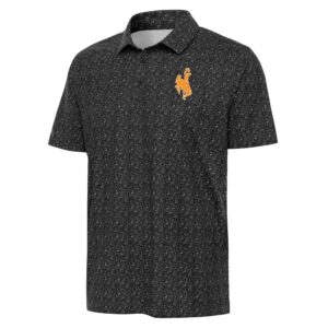 short sleeve black button polo with gold bucking horse on front left chest.