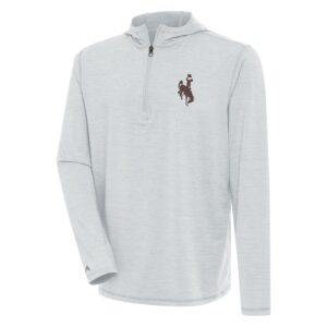 white quarter zip hooded jacket with brown bucking horse on front left chest.
