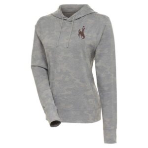 Light camo grey womens hooded sweatshirt. Brown bucking horse on front left chest