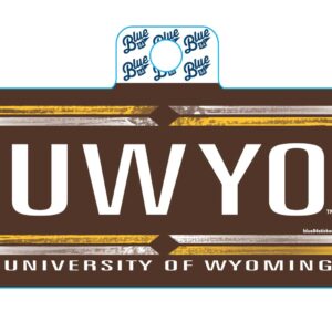 Brown rectangle shaped decal, design is gold and white stripes above white word UWYO, gold and white stripes above white words university of Wyoming