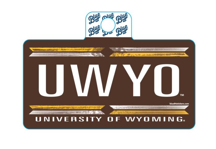Brown rectangle shaped decal, design is gold and white stripes above white word UWYO, gold and white stripes above white words university of Wyoming