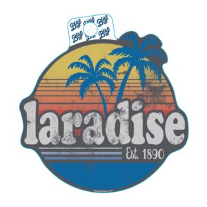 Circle blue and yellow decal, design is white distressed word laradise above white words est. 1890, two blue palm trees, black and blue horizontal lines throughout