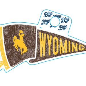 Brown pennant shaped decal, design is gold bucking horse with gold word Wyoming, gold tassels on side