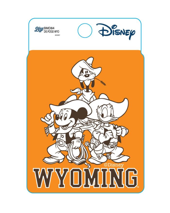 Gold rectangle shaped decal, design is Disney characters Mickey Mouse, Donald Duck and Goofy dressed in western fashion above black word Wyoming