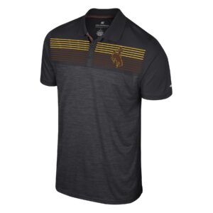 grey button up golf shirt. design at top of shirt is gold lines, five, and brown lines, five, with brown bucking horse on left chest.