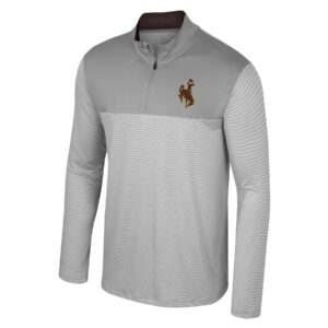 grey long sleeve quarter zip. brown collar, with brown bucking horse on left chest.