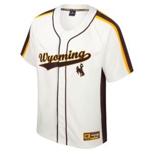 short sleeve , white, baseball jersey. Brown and gold stripes on shoulders with brown seams. Script wyoming across chest in brown with gold outline. under wyo is brown bucking horse.
