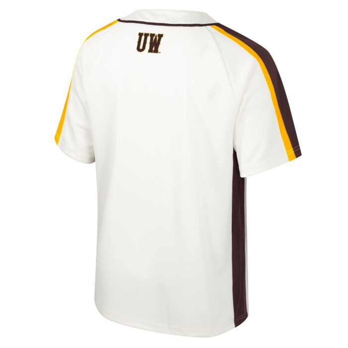 short sleeve , white, baseball jersey. Brown and gold stripes on shoulders with brown seams. Script wyoming across chest in brown with gold outline. under wyo is brown bucking horse. UW on back