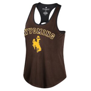 womens brown and black tank top. Arced wyoming in brown with gold outline near neck, with gold bucking horse under. backing is open at the nape of neck.