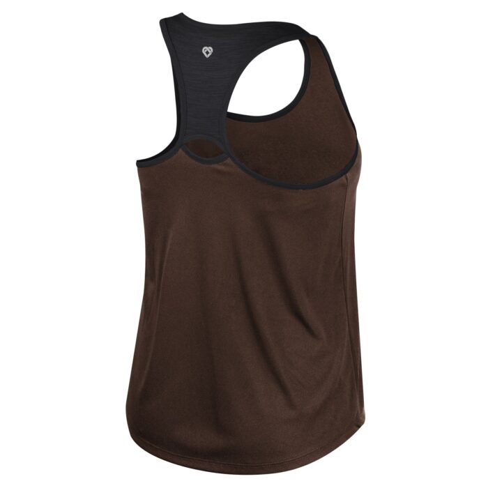 womens brown and black tank top. Arced wyoming in brown with gold outline near neck, with gold bucking horse under. backing is open at the nape of neck.