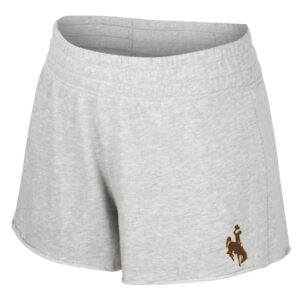womens white comfort shorts with 1 inch bucking horse at bottom left leg, in brown with gold outline.