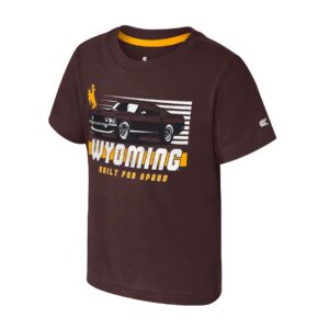 brown short sleeve t-shirt with front design. old school speed car in brown with gold bucking horse, with wyoming under car in white. under wyo is built for speed in gold text