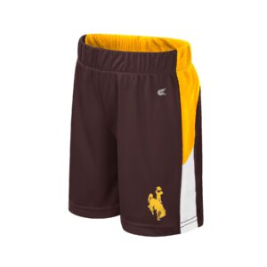 brown, gold, and white youth shorts with gold bucking horse on bottom left leg.