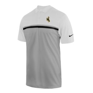 white and grey short sleeve nike button polo. chest and shoulders are white with a black stripe center chest. bottom half is grey. brown bucking horse on front left chest.