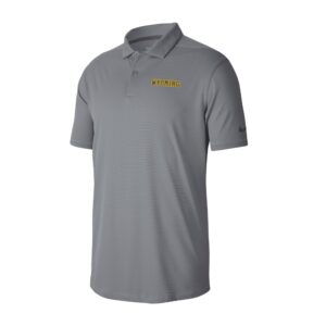 all grey short sleeve nike button polo. embroidered wyoming in brown with gold outline on front left chest.