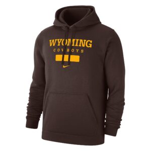 Brown hooded sweatshirt with design on front. Design is Wyoming Cowboys in gold bold text with a gold box under.