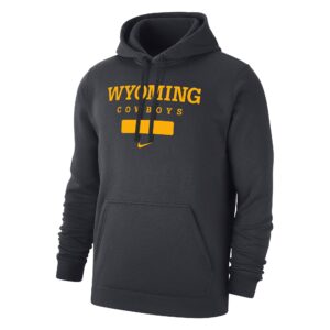 Dark grey hooded sweatshirt with design on front. Design is Wyoming Cowboys in gold bold text with a gold box under.