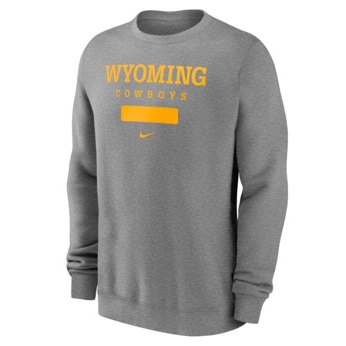 grey crewneck sweatshirt with design on front. Design is Wyoming Cowboys in gold bold text with a gold box under.