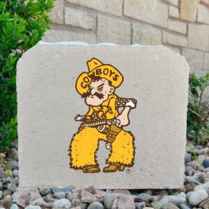 square stone with pistol pete on front in gold and brown