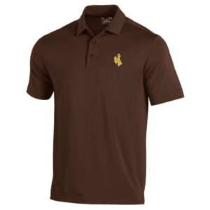 Brown under armor, short sleeve, polo. Gold bucking horse on left chest with white outline.