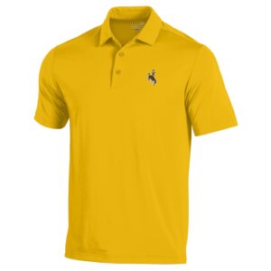 Gold under armor, short sleeve, polo. Brown bucking horse on left chest with white outline.