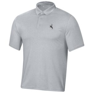 Grey under armor, short sleeve, polo. grey bucking horse on left chest with white outline.