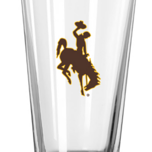 Clear glass 16 ounce pint glass with bucking horse in brown with gold outline.