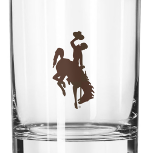 Clear 14oz rocks glass with brown bucking horse and brown, vertical, wyoming.