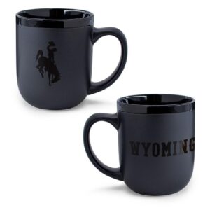 black mug with design on both sides. Matte black background with shiny black wyoming and bucking horse.