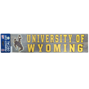 4x17in decal. University of wyoming in gold with brown outline. bucking horse is brown with white outline