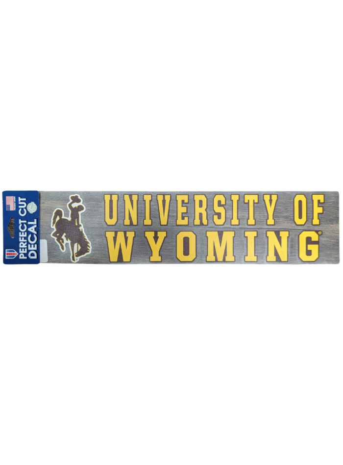 4x17in decal. University of wyoming in gold with brown outline. bucking horse is brown with white outline
