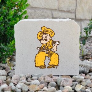 8x7 concrete stone with pistol pete in gold and brown on front.