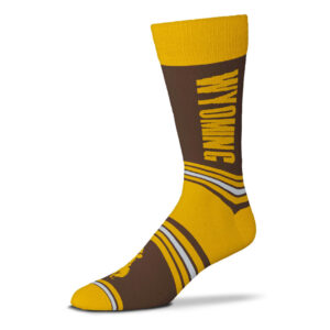 Tall sock in brown and gold with brown calf with wyoming in gold on side. Gold bucking horse on top of foot.