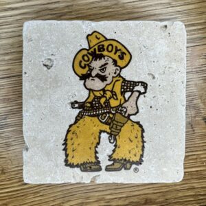 4x4 inch coaster with pistol pete in gold and brown on front