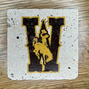 4x4 inch coaster with W and bucking horse. W is brown with gold outline. Bucking horse is in center of W in gold