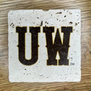 4x4 inch coaster with UW in brown with gold outline